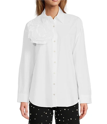 Antonio Melani Birdie 3D Rosette Cotton Poplin Point Collar Dropped Long Sleeve Button Down Blouse