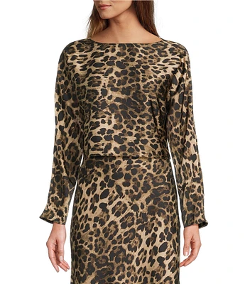 Antonio Melani Blyss Leopard Print Satin Boat Neck Long Sleeve Coordinating Blouse