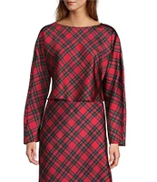 Antonio Melani Blyss Plaid Boat Neck Long Sleeve Coordinating Satin Blouse