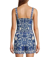Antonio Melani Britani Blue Tile Print Sweetheart Neck Sleeveless Coordinating Blouse
