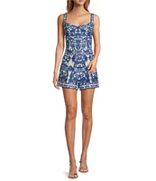 Antonio Melani Britani Blue Tile Print Sweetheart Neck Sleeveless Coordinating Blouse
