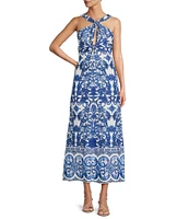 Antonio Melani Bronwyn Blue Tile Print Linen Blend Halter Neck A-Line Dress