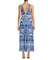 Antonio Melani Bronwyn Blue Tile Print Linen Blend Halter Neck A-Line Dress