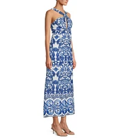 Antonio Melani Bronwyn Blue Tile Print Linen Blend Halter Neck A-Line Dress