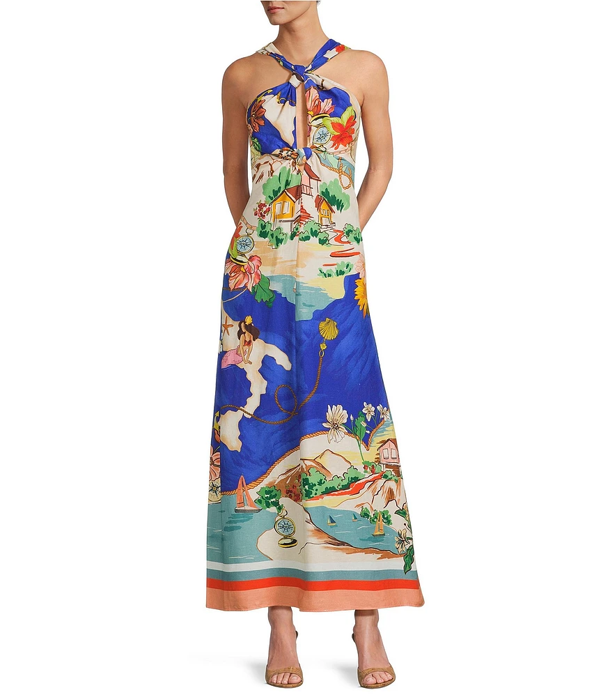 Antonio Melani Bronwyn Linen Blend Ocean Print Halter A-Line Dress
