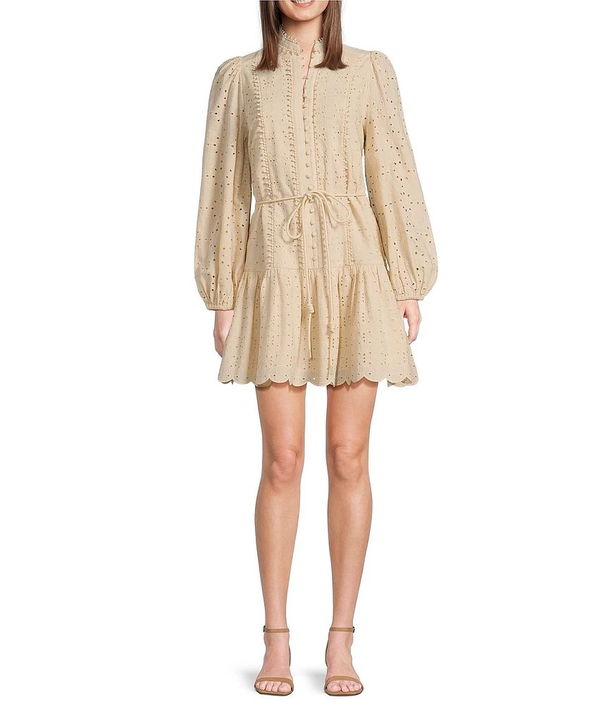 Antonio Melani Brynn Eyelet Mock Neck Button Front Long Sleeve Tie Waist Dress