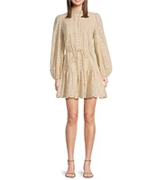 Antonio Melani Brynn Eyelet Mock Neck Button Front Long Sleeve Tie Waist Dress
