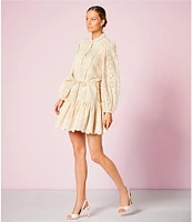 Antonio Melani Brynn Eyelet Mock Neck Button Front Long Sleeve Tie Waist Dress