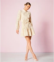 Antonio Melani Brynn Eyelet Mock Neck Button Front Long Sleeve Tie Waist Dress
