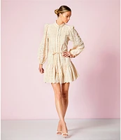 Antonio Melani Brynn Eyelet Mock Neck Button Front Long Sleeve Tie Waist Dress