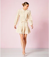 Antonio Melani Brynn Eyelet Mock Neck Button Front Long Sleeve Tie Waist Dress