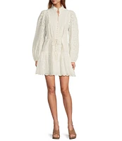 Antonio Melani Brynn Eyelet Mock Neck Button Front Long Sleeve Tie Waist Dress