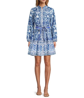 Antonio Melani Brynn Navy Scarf Print Long Sleeve Tie Waist Dress