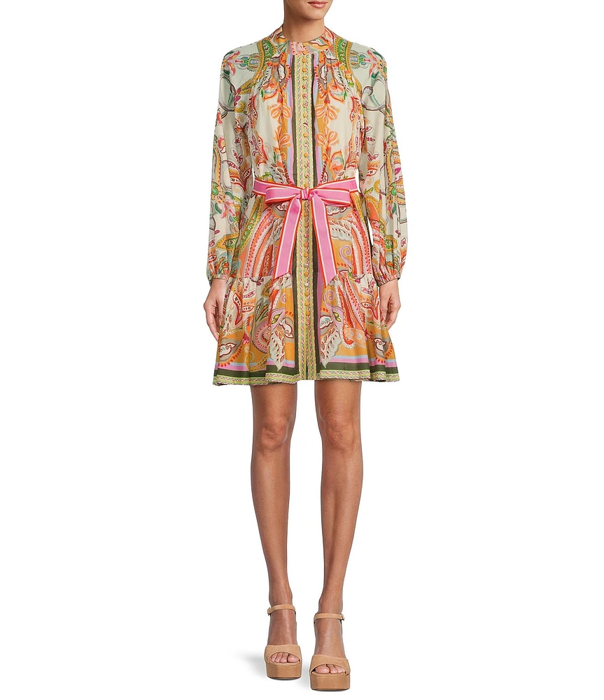 Antonio Melani Brynn Pink Scarf Floral Border Print Mock Neck Long Sleeve Self-Tie Belted Tiered Hem Button Front Dress