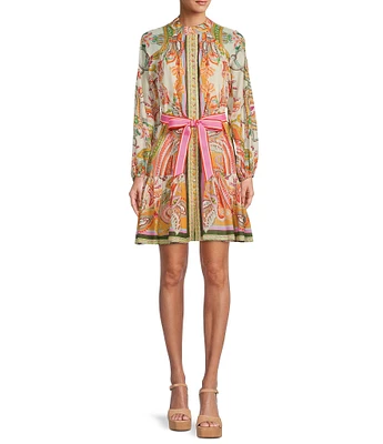 Antonio Melani Brynn Pink Scarf Floral Border Print Mock Neck Long Sleeve Self-Tie Belted Tiered Hem Button Front Dress