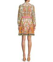Antonio Melani Brynn Pink Scarf Floral Border Print Mock Neck Long Sleeve Self-Tie Belted Tiered Hem Button Front Dress