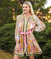 Antonio Melani Brynn Pink Scarf Floral Border Print Mock Neck Long Sleeve Self-Tie Belted Tiered Hem Button Front Dress