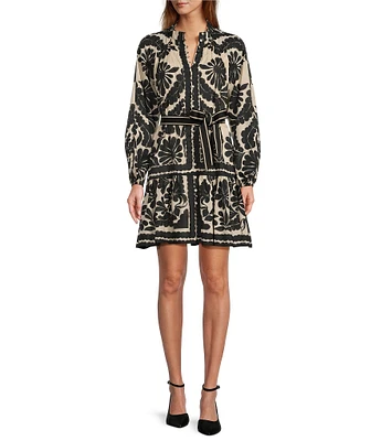 Antonio Melani Brynn Printed Cotton Voile Printed Mock Neck Long Sleeve Drop Waist Dress