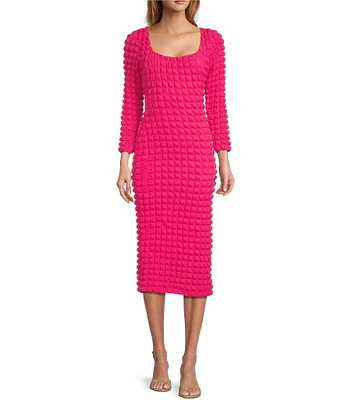 Antonio Melani Bubble Smocked Knit Square Neck Long Sleeve Lucie Midi Bodycon Dress