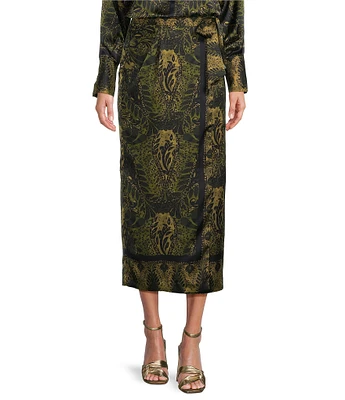 Antonio Melani Clio Motif Printed Satin High Rise Wrap Sheath Midi Coordinating Skirt