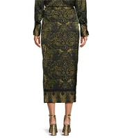 Antonio Melani Clio Motif Printed Satin High Rise Wrap Sheath Midi Coordinating Skirt