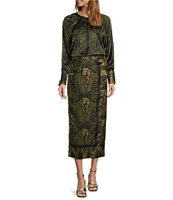 Antonio Melani Clio Motif Printed Satin High Rise Wrap Sheath Midi Coordinating Skirt