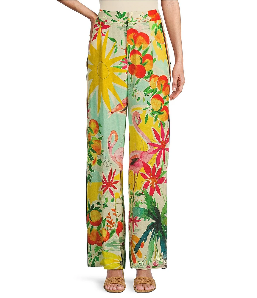 Antonio Melani Collins Tropical Fruit Print Coordinating Linen Wide Leg Pants