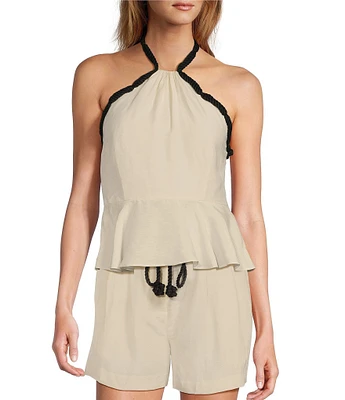 Antonio Melani Coordinating Sandy Linen Blend Rope Halter Peplum Blouse