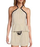 Antonio Melani Coordinating Sandy Linen Blend Rope Halter Peplum Blouse