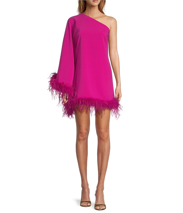 Antonio Melani Cosima Feather Trim Asymmetrical One Sleeve Shift Mini Dress  | Liberty Center