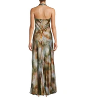 Antonio Melani Dreama Printed Satin Ruched Halter Neck Sleeveless Sheath Slip Maxi Dress