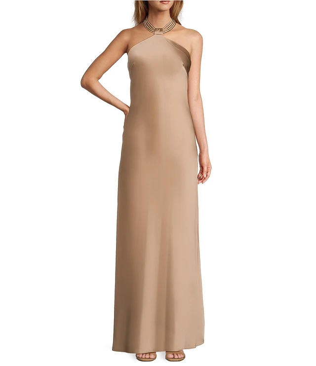 high low halter bridesmaid dress Satin Bridesmaid Dress Prom Dress Champagne S Dillon Champagne by Grace Loves Lace main image 1