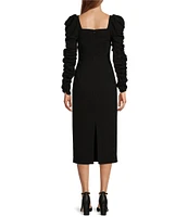 Antonio Melani Elena Crepe Square Neck Long Ruched Sleeve Pearl Bow Midi Dress