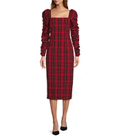 Antonio Melani Elena Plaid Square Neck Long Ruched Sleeve Dress