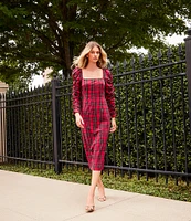 Antonio Melani Elena Plaid Square Neck Long Ruched Sleeve Dress