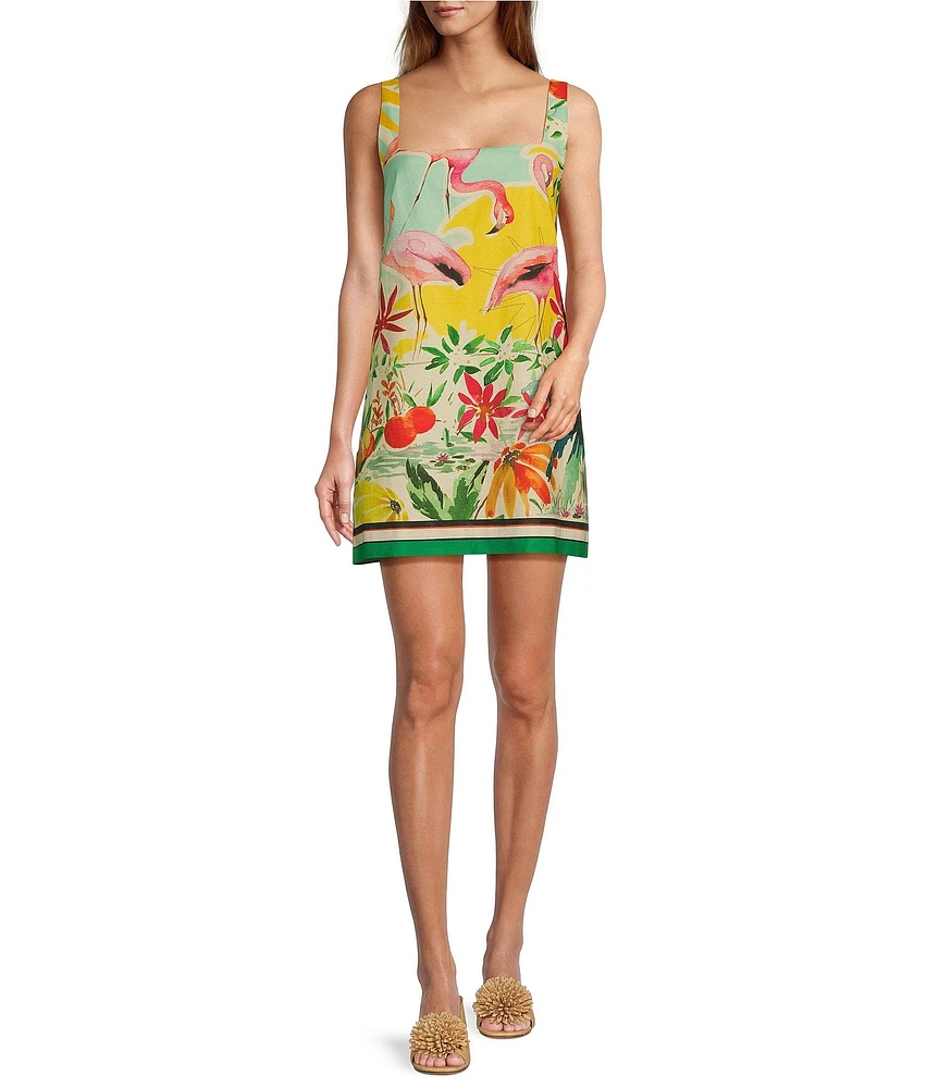 Antonio Melani Eliana Tropical Printed Square Neck Linen Blend Sleeveless Shift Dress
