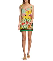 Antonio Melani Eliana Tropical Printed Square Neck Linen Blend Sleeveless Shift Dress