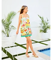 Antonio Melani Eliana Tropical Printed Square Neck Linen Blend Sleeveless Shift Dress