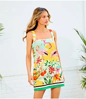 Antonio Melani Eliana Tropical Printed Square Neck Linen Blend Sleeveless Shift Dress