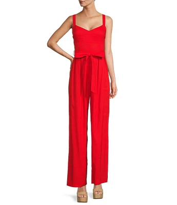 Antonio Melani Elise Stretch Linen Sweetheart Neck Sleeveless Tie Waist Jumpsuit