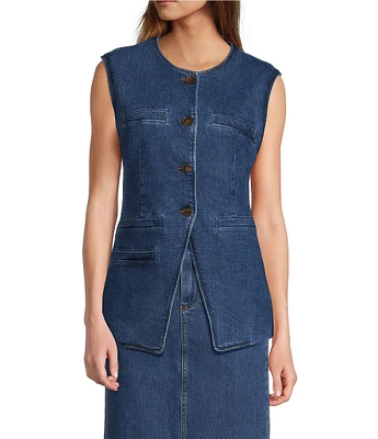 Antonio Melani Elodie Denim Crew Neck Sleeveless Button Front Long Line Coordinating Vest