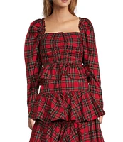 Antonio Melani Elvira Plaid Tie Square Neck Long Puffed Sleeve Blouse