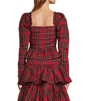 Antonio Melani Elvira Plaid Tie Square Neck Long Puffed Sleeve Blouse