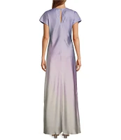 Antonio Melani Fallon Printed Satin Ombre Boat Neck Short Sleeve Long Slip Dress