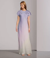 Antonio Melani Fallon Printed Satin Ombre Boat Neck Short Sleeve Long Slip Dress