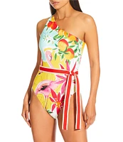 Antonio Melani Flamingos Ribbon Belt Cut Out One Shoulder One Piece Swimsuit