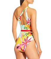 Antonio Melani Flamingos Ribbon Belt Cut Out One Shoulder One Piece Swimsuit