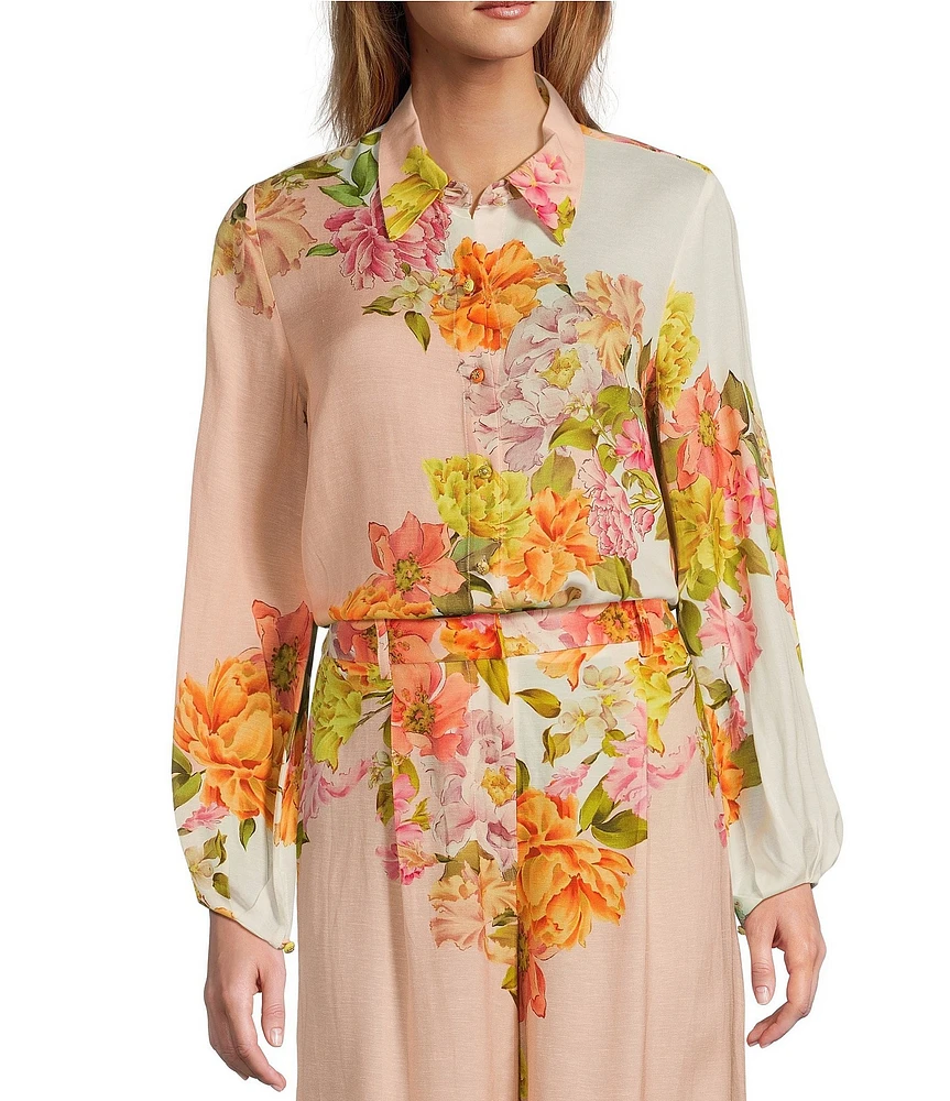 Antonio Melani Flynn Floral Print Coordinating Linen Blend Collar Neck Long Sleeve Button Down Blouse