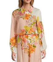 Antonio Melani Flynn Floral Print Coordinating Linen Blend Collar Neck Long Sleeve Button Down Blouse