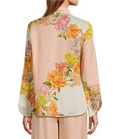 Antonio Melani Flynn Floral Print Coordinating Linen Blend Collar Neck Long Sleeve Button Down Blouse